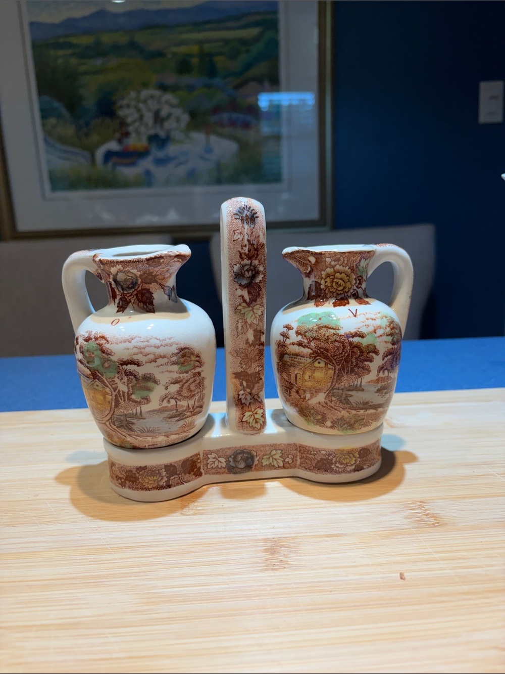 Vintage Ceramic Cruet Set with Brown Transferware Scenery